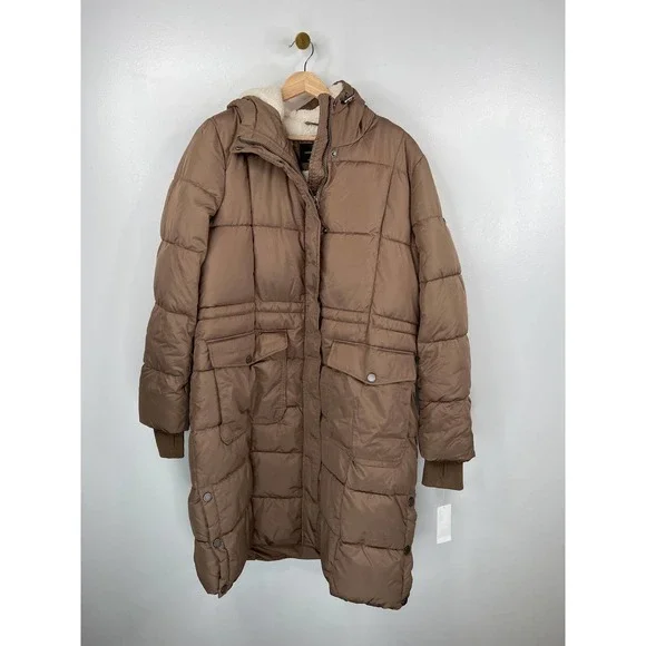 Lucky Brand Faux-Fur-Lined Hooded Puffer Coat Taupe Brown Size: Large NWT - Picture 2 of 7